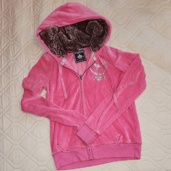 PINK Victoria's Secret Pink Fur Lined Hooded Jacket Size Small - Picture 1 of 10